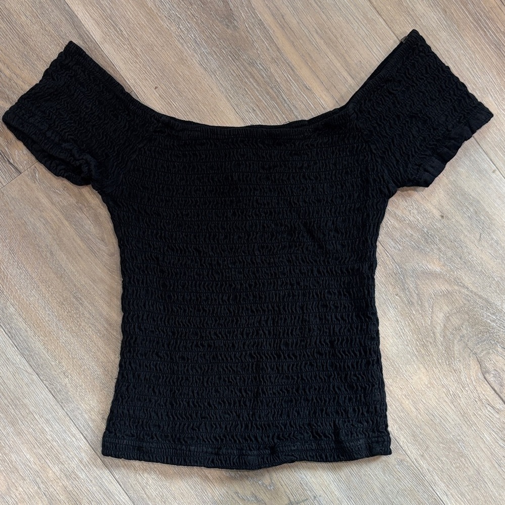 AMERICAN RAG BLACK SMOCKED OFF THE SHOULDER TOP